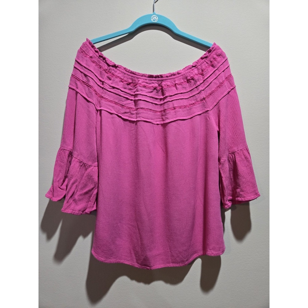New Directions Pink Off-Shoulder Ruffle Lace Blouse 3/4 Bell Sleeve M/L